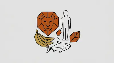 Flat illustration of a geometric lion head, a human figure, bananas, and a fish arranged on a light grey background