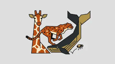 Flat illustration of a geometric giraffe, cheetah, and whale with a small flea on a light gray background