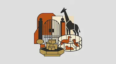 Flat illustration of a zoo featuring a giraffe, a bird cage, and a gated entrance in orange and black tones