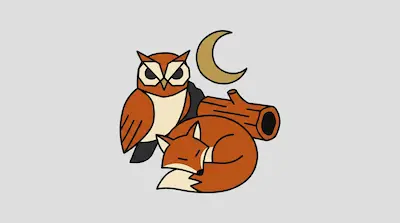 Flat illustration of an orange owl, a sleeping fox, and a crescent moon with a hollow log on a gray background
