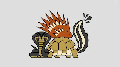 Flat illustration of a cobra, a porcupine, a tortoise, and a skunk tail in a geometric style on a gray background