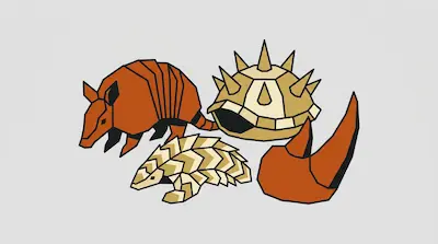 Flat illustration of an armadillo, a pangolin, and a spiked shell in a geometric, minimalist style on a gray background