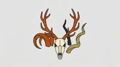 Flat illustration of a deer skull with orange antlers and various animal horns on a plain light gray background