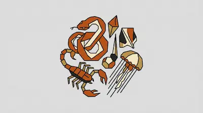 Flat illustration of a geometric orange snake, a scorpion, and a jellyfish in a cluster on a light gray background