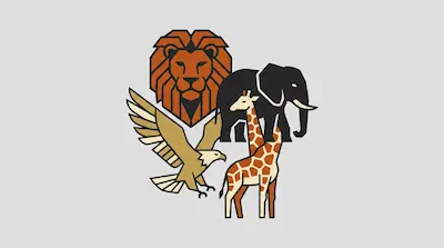 Stylized graphic of a lion's head, an elephant, a giraffe, and an eagle.