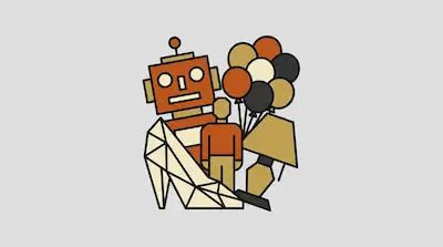 Flat illustration of a vintage robot, a cluster of balloons, and a geometric high heel shoe on a gray background