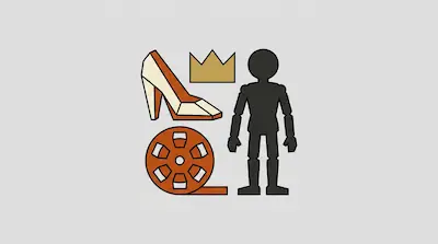 Flat illustration of a high heel shoe, a gold crown, a film reel, and a black human silhouette on a gray background