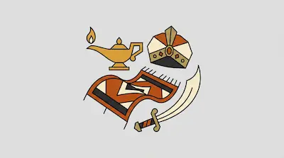 Flat illustration of a magic lamp, a turban, a flying carpet, and a scimitar sword on a light gray background