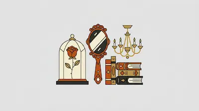 Flat illustration of a rose in a glass dome, an ornate hand mirror, a chandelier, and a stack of books on a gray background