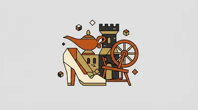 A high-heeled glass slipper with a bow, a spouted oil lamp, a castle turret with a window, and a spinning wheel with spokes.