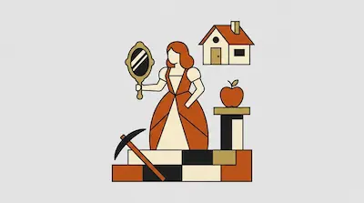 Flat illustration of a woman holding a mirror next to a small house, an apple, and a pickaxe on a light gray background
