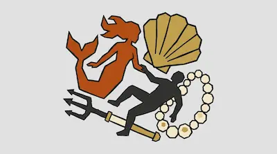 Flat illustration of a mermaid holding hands with a human silhouette, a trident, a seashell, and a pearl necklace