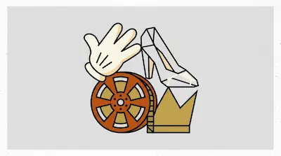 Flat illustration of a cartoon glove, a glass slipper, and a film reel on a light gray background