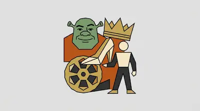 Flat illustration of a green ogre face, a gold crown, a high heel shoe, and a film reel on a grey background