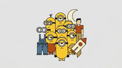 Flat illustration of yellow cartoon characters with goggles, a rocket, and a blocky human figure on a gray background