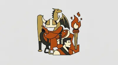 Flat illustration of a viking helmet, a dragon, a saddle, and a man holding a torch in warm earth tones