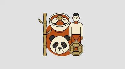 Flat illustration of a panda face, a bowl of dumplings, a man, and bamboo stalks over a red circle background