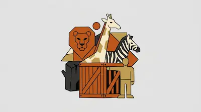 Flat illustration of a lion, giraffe, and zebra behind a wooden crate with a human figure on a gray background
