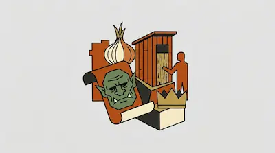 Flat illustration of an ogre face on a scroll, an onion, a wooden outhouse, and a crown on a light gray background