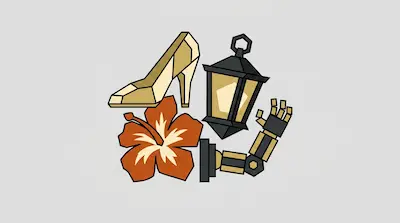 Flat illustration of a golden high heel shoe, a glowing lantern, an orange flower, and a robotic arm on a gray background