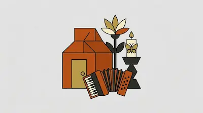 Flat illustration of a brown house, an accordion, a stylized flower, and a lit candle on a light gray background