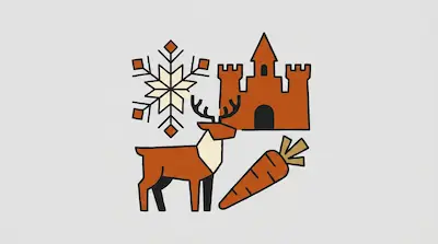 Flat illustration of a reindeer, a snowflake, a castle, and a carrot in orange and cream tones on a grey background