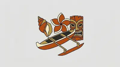Flat illustration of a Polynesian outrigger canoe, a tiki mask, a seashell, and a flower on a light gray background