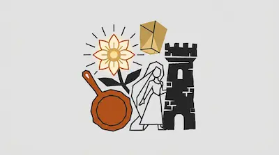 Flat illustration of a long haired woman standing by a stone tower with a glowing flower and a frying pan