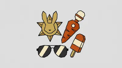 Flat illustration of a geometric rabbit sun, a carrot, aviator sunglasses, and a popsicle on a grey background