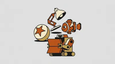 Flat illustration of a desk lamp, a clownfish, a star ball, and a small robot on a light gray background
