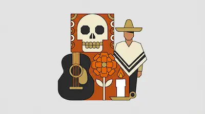 Flat illustration of a sugar skull, a man in a sombrero, a guitar, and a marigold flower on a light gray background