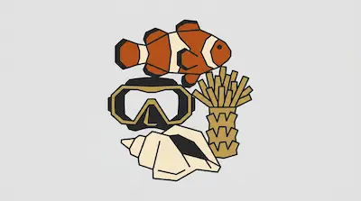 Flat illustration of a clownfish, a diving mask, a seashell, and coral on a light gray background
