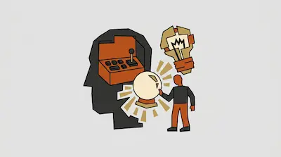 Flat illustration of a human silhouette with a control panel inside, a glowing crystal ball, and a broken lightbulb