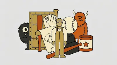 Flat illustration of a man in overalls surrounded by baseball gear, a wooden door, and two furry monsters.