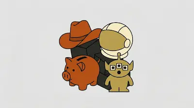 Flat illustration of a cowboy hat, an astronaut helmet, a piggy bank, and a three-eyed alien on a gray background