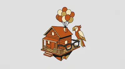 Flat illustration of a wooden cabin floating with balloons, featuring a large pair of glasses and a perched parrot