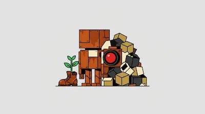 Flat illustration of a rusty boxy robot standing next to a pile of cubes and a small plant growing out of a boot