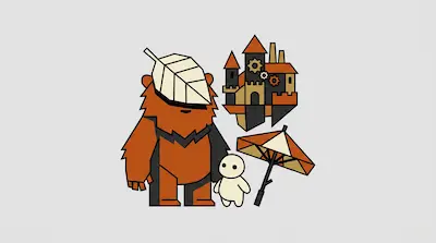 Flat illustration of a large orange creature with a leaf on its head, a small white figure, and a floating castle.