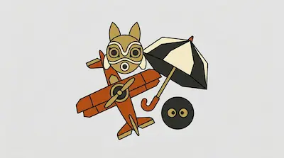 Flat illustration of a red propeller plane, a striped umbrella, and a tribal mask on a light gray background
