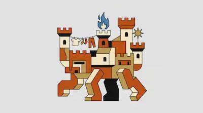 Flat illustration of a walking castle with orange legs, a blue flame, and laundry hanging on a line against a gray background
