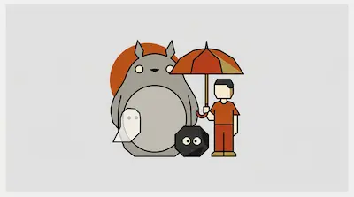 Flat illustration of a large grey creature, a small person with an umbrella, and a soot sprite on a grey background
