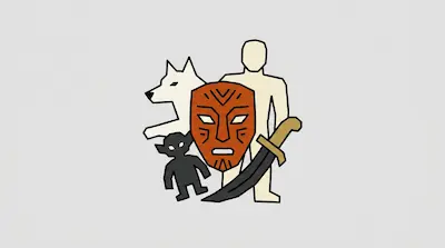 Flat illustration of a wooden mask, a human silhouette, a wolf, and a sword on a light gray background