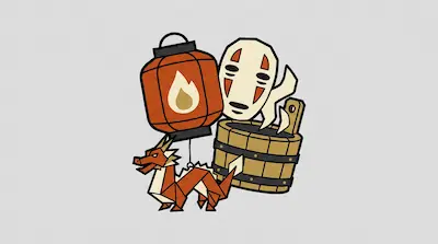 Flat illustration of a red paper lantern, a white mask, a wooden bath bucket, and a small orange dragon.
