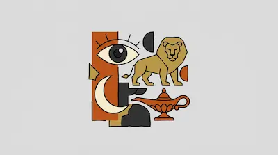Flat illustration of a stylized eye, a golden lion, and an oil lamp arranged in a geometric collage on a gray background