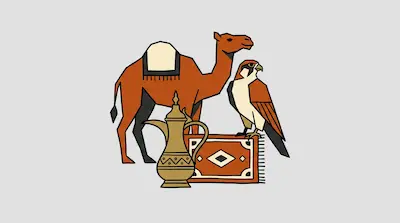 Flat illustration of a camel, a falcon, a patterned rug, and a traditional coffee pot on a light gray background