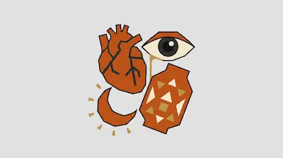 Flat illustration of an anatomical heart, a large eye, and a crescent moon with geometric patterns on a gray background