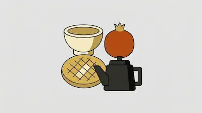Flat illustration of a black teapot, a round waffle, a pomegranate, and a ceramic bowl on a light grey background