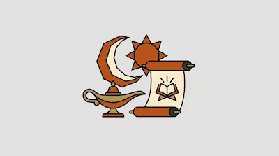 Flat illustration of a crescent moon, a sun, an oil lamp, and a paper scroll with a book icon on a gray background
