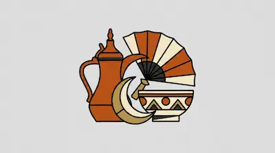 Flat illustration of a copper coffee pot, a crescent moon, a patterned bowl, and a hand fan on a grey background
