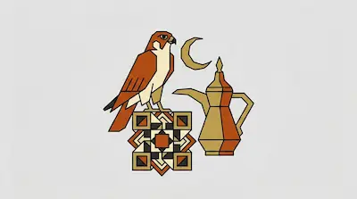 Flat illustration of a falcon perched on a geometric block next to a dallah coffee pot and a crescent moon